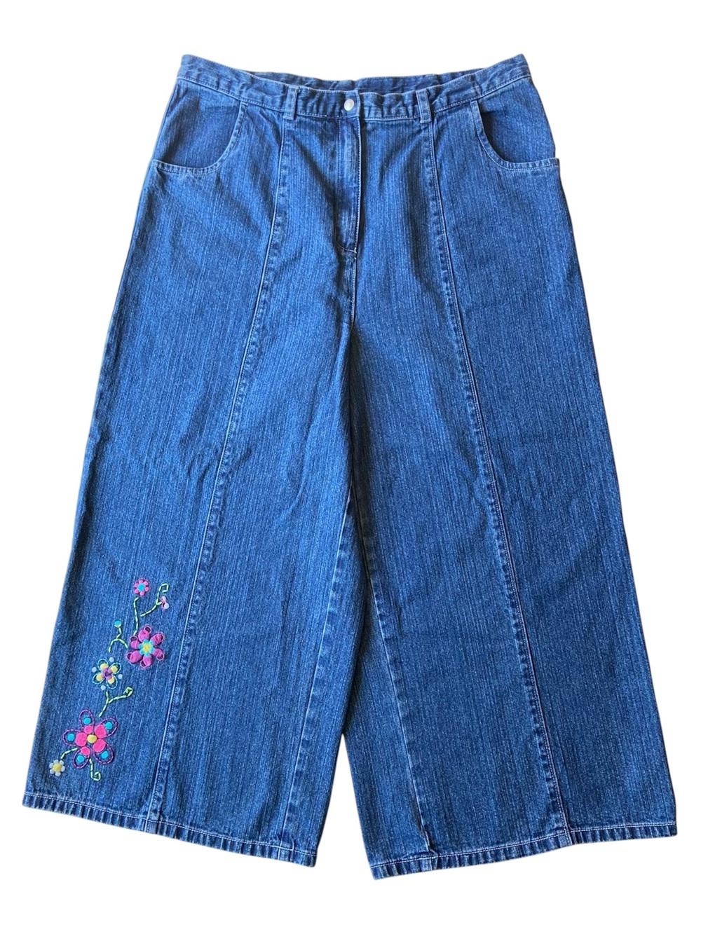 Hanna Andersson Jeans 100% Cotton Womens 14 Wide Leg Cropped Denim Floral Y2K